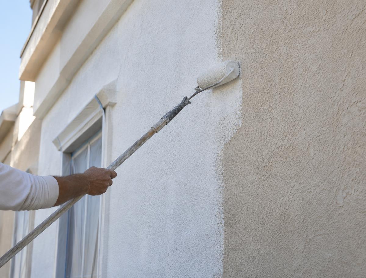 Roller applying fresh elastomeric coating to a concrete facade
